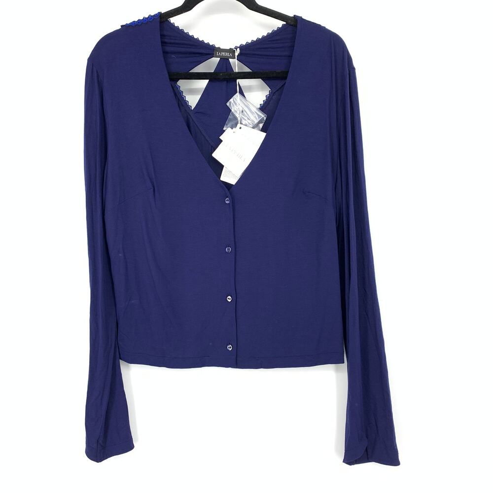 La Perla Neo Goth Long Sleeve Cardigan Womens Sz 4 V-Back Navy Blue NEW